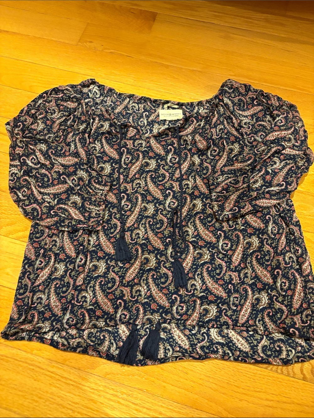 BOHO Paisley Tassel Tie Blouse in Navy and Pink medium
